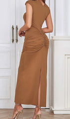 Ruched Satin Midi Dress In Brown