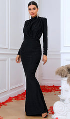 Black Long Sleeve Draped Mermaid Maxi Dress