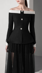 Bottons Mesh Two-Piece Set Dress In Black