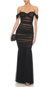 Off Shoulder Mesh Ruched Maxi Dress