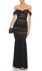 Off Shoulder Mesh Ruched Maxi Dress