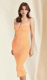 Orange Strapless Midi Bandage Dress