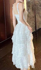 3D Floral Pearl Button RuffleS Midi Dress In White