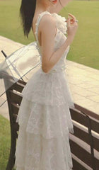 3D Floral Pearl Button RuffleS Midi Dress In White