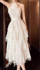 3D Floral Pearl Button RuffleS Midi Dress In White