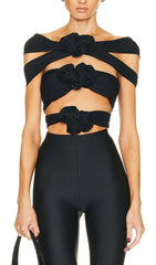 3D Flower-EmbelliShed Jumpsuit In Black