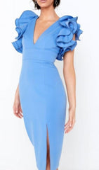 Blue V Neck Split Midi Dress