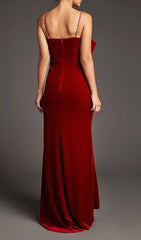 DARK Red Front Bow Side Slit Mermaid Maxi Dress