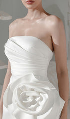 Appliqued Satin Mini Dress In White