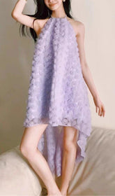 3D Purple Rose Halter Neck Backless Midi Dress