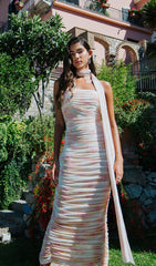 SHARLA Ruched Mesh Midi Dress