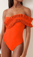 One Shoulder Ruffle One Piece Orange Swimsuit