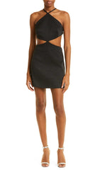 Button Backless HALTe Mini BAndGe Dress In Black
