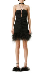SEXY STRETCH Off-Shoulder FeaTher Mini Dress In Black