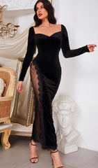 Burgundy SquAre-Neck Lace Stitched Bag BUTTOCK Velvet Maxi Dress