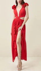 Deep V Red Cutout One Piece Swimsuit And Skirt