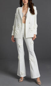Double-Breasted Three DIMENSIONAL Floral Suit Jacket In White