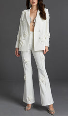 Double-Breasted Three DIMENSIONAL Floral Suit Jacket In White