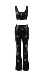 Crystal EmbelliSHMENTS LeaTher Two Piece Suit In Black