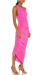 Pleated Sleeveless One-Shoulder Dress In Pink