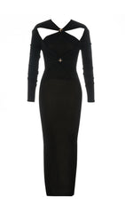 Black LEAKY Shoulder Cross-Lace-UP Slim-Fit Dress