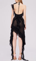 Plunging Neckline Ruffle Dress In Black