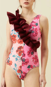 Ruffled Floral Print Splicing One Piece Swimsuit