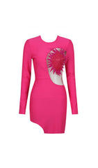 Flower Long Sleeve Mini Bandage Dress In Red