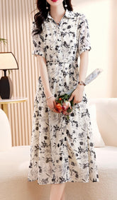 Casual Floral Short Sleeve Shirt Dress In Black