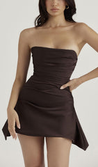 Satin Pleated Strapless Mini Dress In Brown
