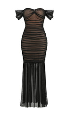 Off Shoulder Mesh Ruched Maxi Dress