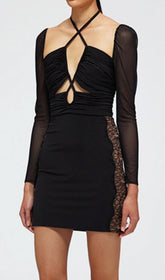 Black Halter Long Sleeve Mesh Lace UP Mini Dress