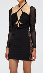 Black Halter Long Sleeve Mesh Lace UP Mini Dress