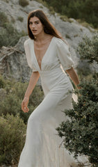 Deep V High Split Maxi Dress In White