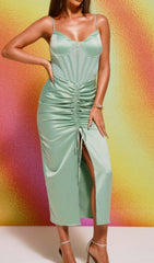 Green Satin SweeTheart Neck Corset Front Split Maxi Dress
