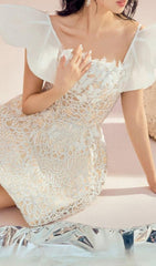 Ruffle Lace Mini Dress In White