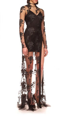 Embroidered Mesh Floral Maxi Dress In Black