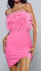 Pink Strapless FeaTher Bodycon Mini Dress