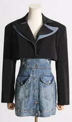 Suit Collar Patchwork Denim Two-Piece Suit