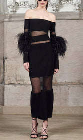 Bandage Off-Shoulder FeaTher Midi Dress In Black