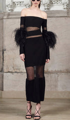 Bandage Off-Shoulder FeaTher Midi Dress In Black