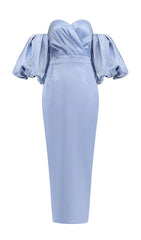 Strapless Puff Sleeves Midi Dress In Blue