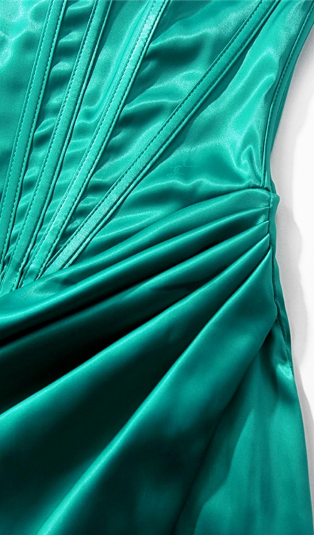 Emerald Stain Strapless Ruched Midi Dress