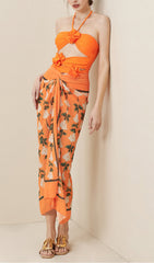 Halter Cutout 3D Flower Decor One Piece Swimsuit And Sarong