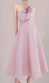 Halter 3D Flower Midi Dress In Pink