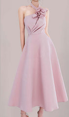 Halter 3D Flower Midi Dress In Pink