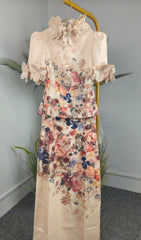 Printed Floral Appliqued Mesh Midi Dress