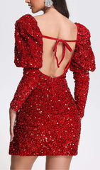 Sequin Puff Sleeve Mini Dress In Red