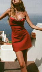Satin Pearl Mini Dress In Red