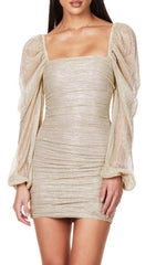 Beige Ruched Long Sleeve Mini Bodycon Dress
